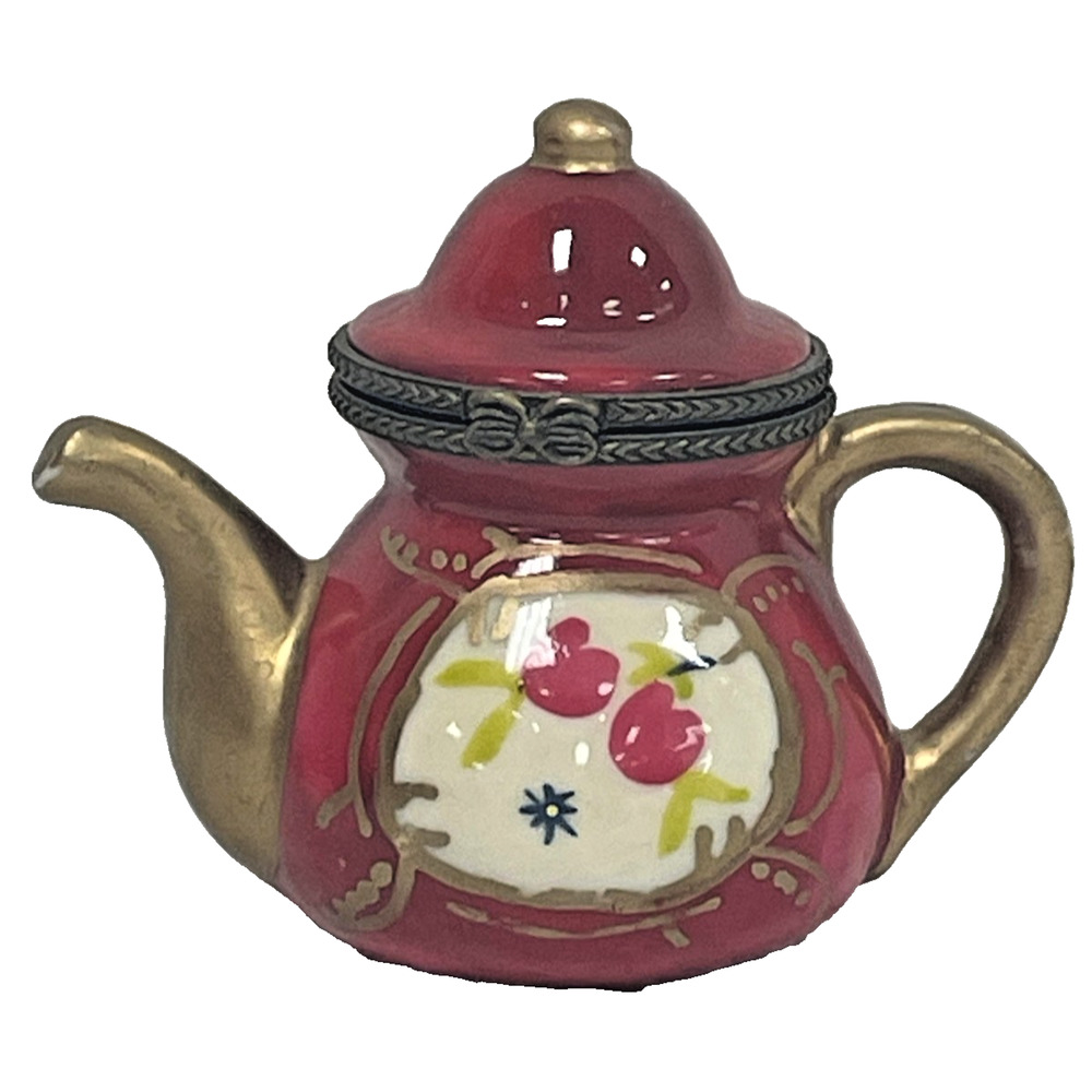 VTG Porcelain Teapot Trinket Box Red Gold Floral Hinged Purse Ladybug Surprise
